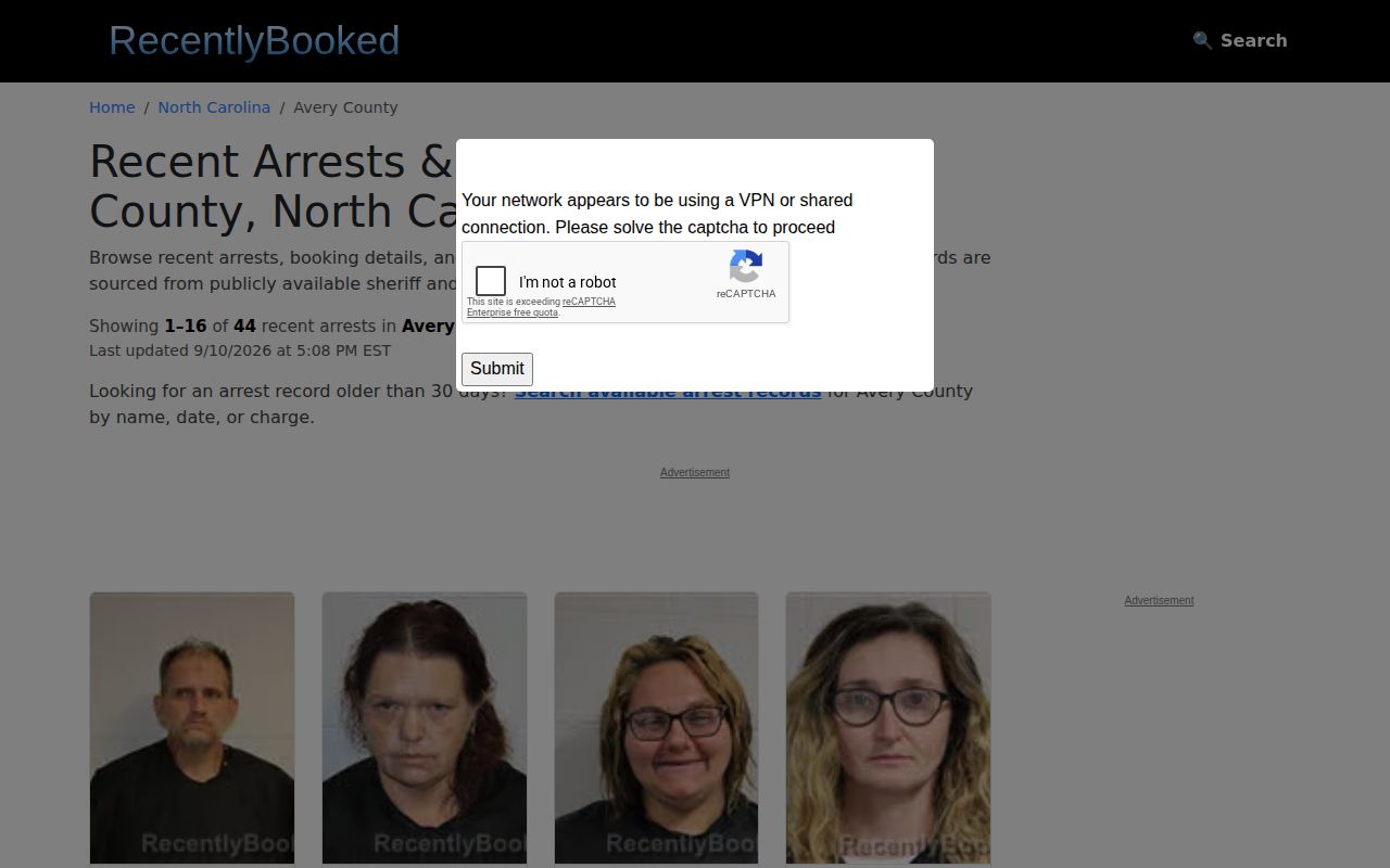 RecentlyBooked Avery County secondary arrest index interface