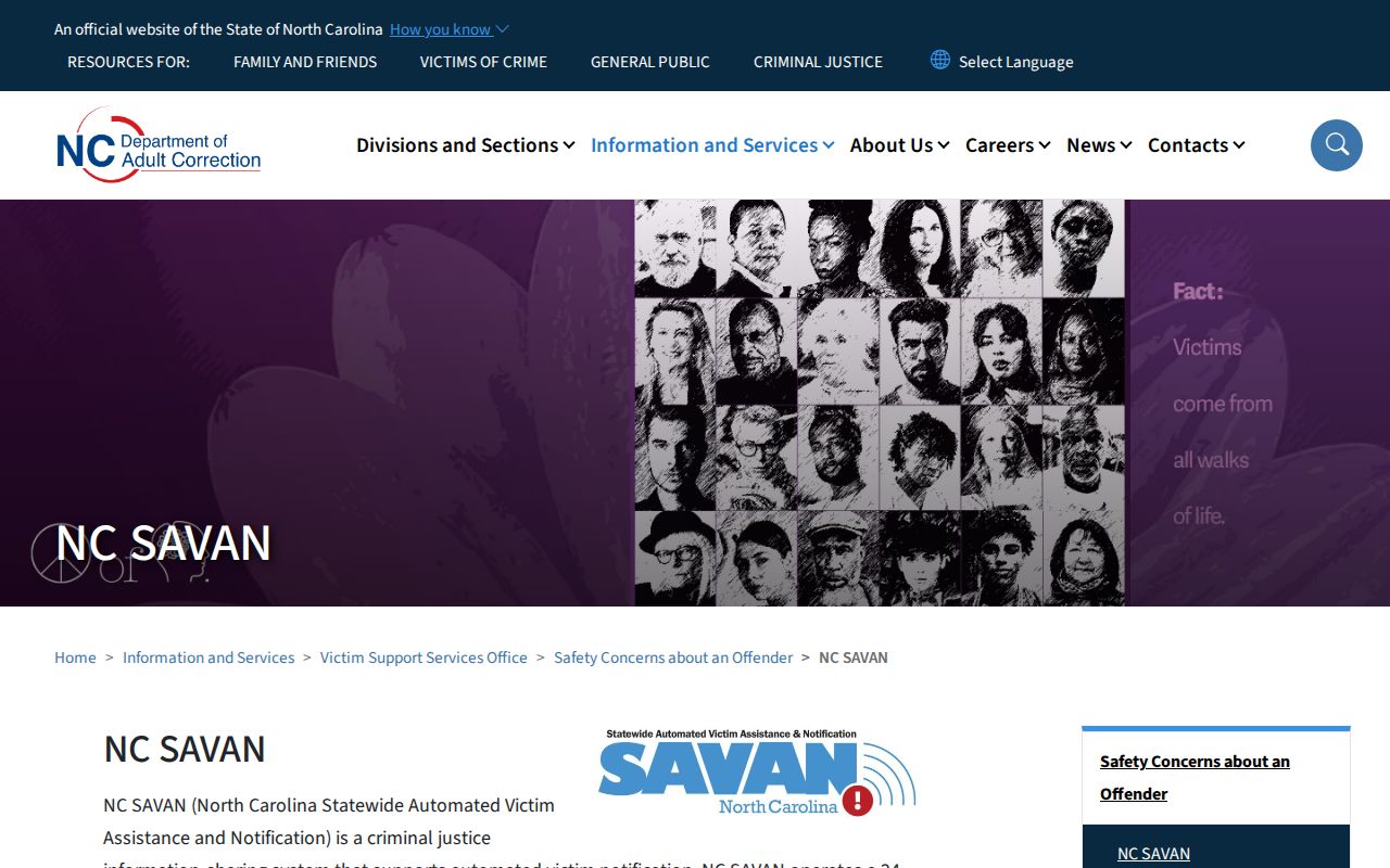 North Carolina SAVAN official custody notification information